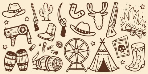 Wild west elements illustration featuring hats revolvers and a bull skull © Ripa
