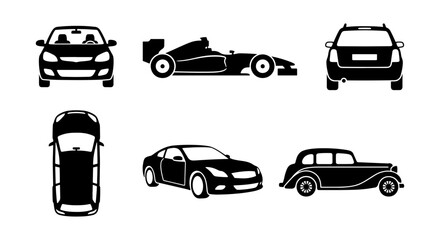 Obraz premium Diverse Car Silhouettes Collection, Modern and Vintage Auto Icons, Front, Side, Rear, Top Views, Vector Graphics for Automotive Design