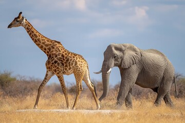 Fototapeta premium giraffe and elephant walking side by side