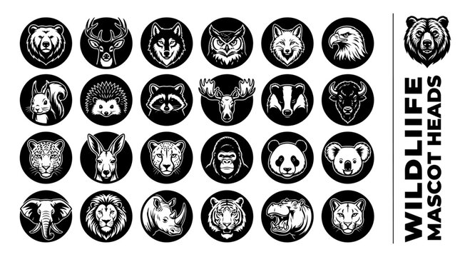 Collection of wild animal head silhouette icons for logo design including bear lion wolf panda eagle tiger monkey and koala