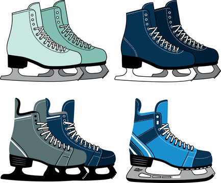 Ice skates vector icon set featuring figure skating shoes and ice hockey boots isolated on white