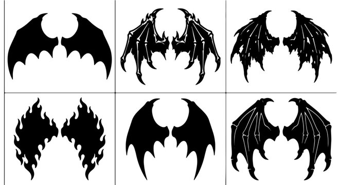 Gothic Devil Wings Vector Brushes, Dark Fantasy Angel Wings Graphics, Spooky Bat Wings Silhouettes, Demon Wing Icons for Halloween and Horror Designs