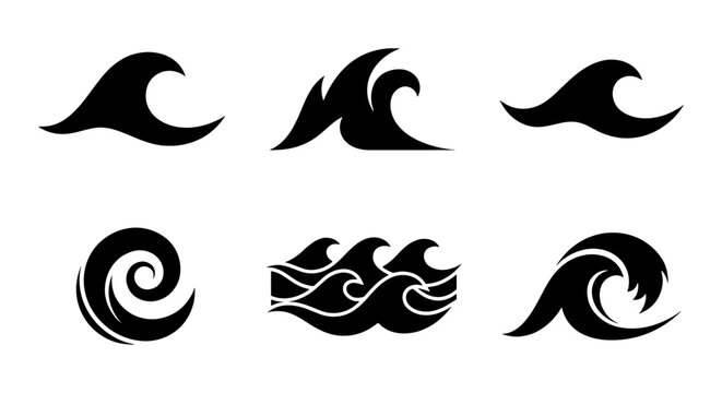 Set of 6 Black Wave Icons, Ocean Water Swirls, Sea Surfing Symbols, Nautical Maritime Design Elements, Coastal Marine Graphics, Dynamic Water Shapes