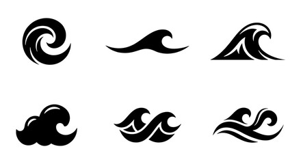 Set of 6 Black Wave Icons, Ocean Swirl and Cresting Water Symbols, Marine Vector Graphics for Nautical and Surfing Themes © safin