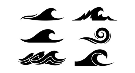 Set of Six Black Silhouette Wave Icons, Ocean Water Swirls and Sea Crests, Dynamic Marine Design Elements for Coastal Branding and Aquatic Themes © safin