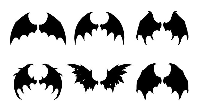 Six Black Bat Wings Vector Icons, Spooky Halloween Devil Wings Silhouettes, Gothic Fantasy Creature Appendages, Dark Angel Feathered Wing Graphics for Design
