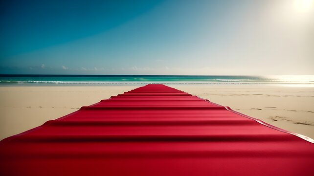 Red Carpet Leading to the Ocean on a Sunny Beach 