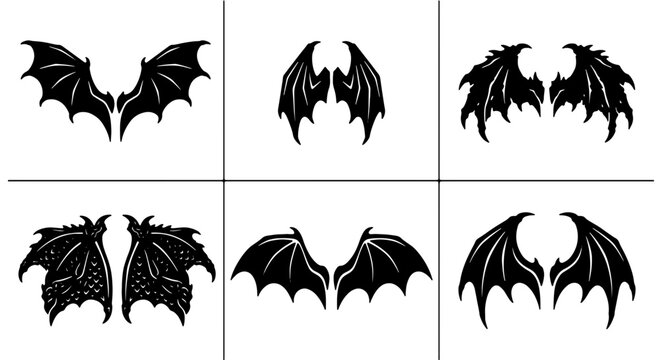 Black Bat Wings Vector Icons Set, Gothic Dragon Wings Graphics, Fantasy Creature Emblems, Dark Angel Wings Illustrations, Spooky Halloween Design Elements