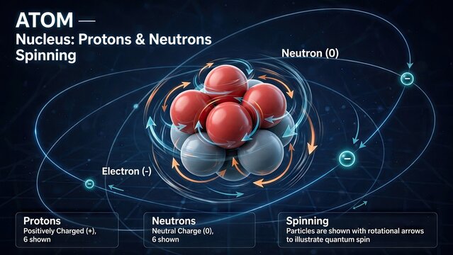 Scientific illustration of an atom structure showing protons neutrons and spinning electrons in orbit.