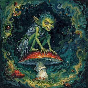 Funny green goblin sitting on mushroom in dark enchanted forest, fantasy character illustration, generative AI art