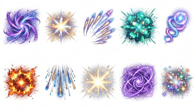 Fantasy roleplay game spell visual effects. Collection of magic portals, meteor shower, holy light burst, poison explosion, fireball and arcane energy rings. Magical elements isolated on white.magic, 