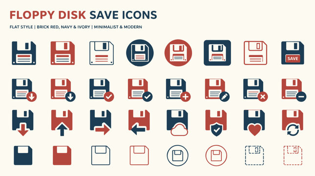 Collection of colorful floppy disk save icons in various styles.