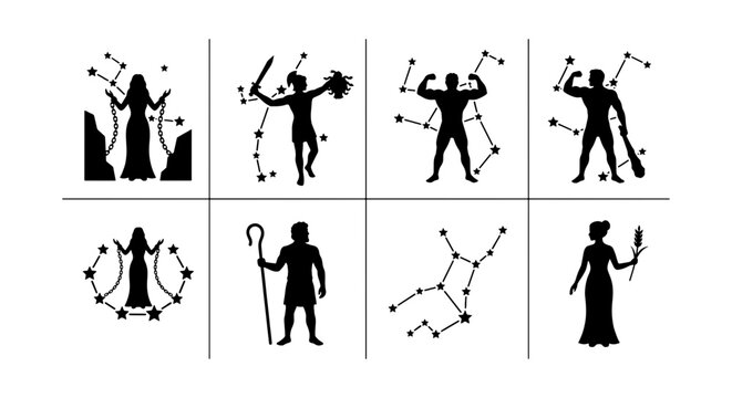 Zodiac Constellation Silhouettes, Astrological Symbols Collection, Celestial Figures Vector Icons, Horoscope Signs Set