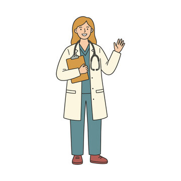 Female Doctor Waving Holding Clipboard in Medical Setting Professionally
