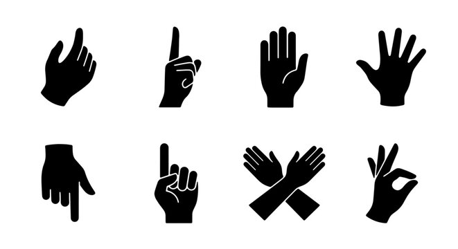 Vector Hand Gestures Icon Set, Pointer Finger, Open Palm, Number One, OK Sign, Pointing Down, Cross Arms, Five Fingers, Communication Symbols