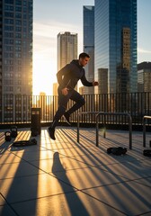 Fototapeta premium An athletic man in sportswear jumping over a metal hurdle on a city rooftop during a golden hour sunset, with skyscrapers in the background