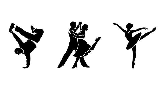 Diverse Dance Styles Vector Icons: Breakdance, Ballroom, Ballet Silhouettes for Performance and Art Projects