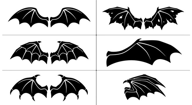Gothic Bat Wings Vector Icons Set, Dark Fantasy Devil Wings Graphics, Spooky Halloween Creature Wings Collection, Black Silhouette Wing Designs
