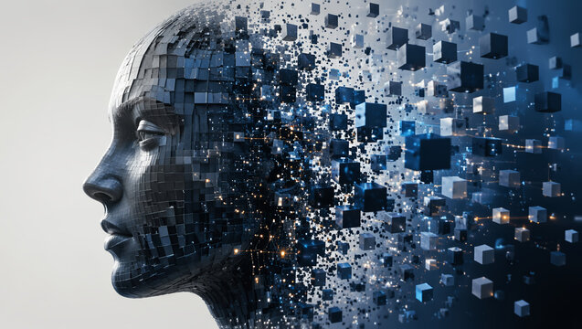 Cabeza humana digital disolvi&eacute;ndose en cubos abstractos simbolizando  la transformaci&oacute;n de la inteligencia artificial.