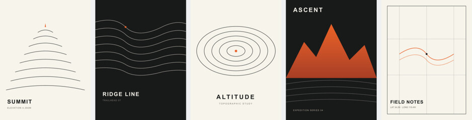Minimalist mountain landscape posters, set of 5 abstract geometric vector illustrations, modern topographic line art with summit and ridge line themes © R studio
