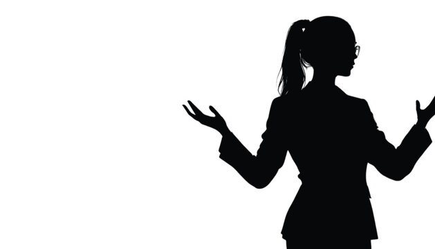 Businesswoman silhouette gestures with her hands while standing against a bright white background to emphasize a point during a corporate presentation or professional explanation of a new strategy.