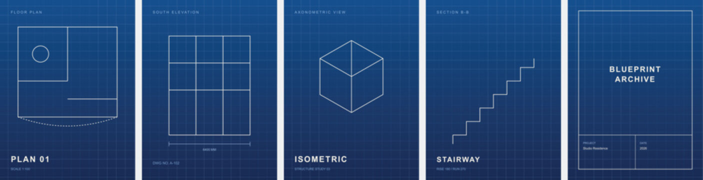 Blueprint archive vector set with architectural plans. Isometric cube and stairway diagrams on blue grid background. Technical drawing collection.