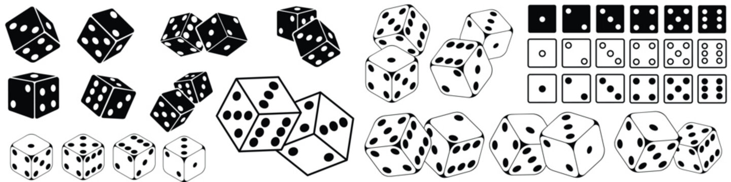 Variety of black and white dice illustrations for game design and casino themes