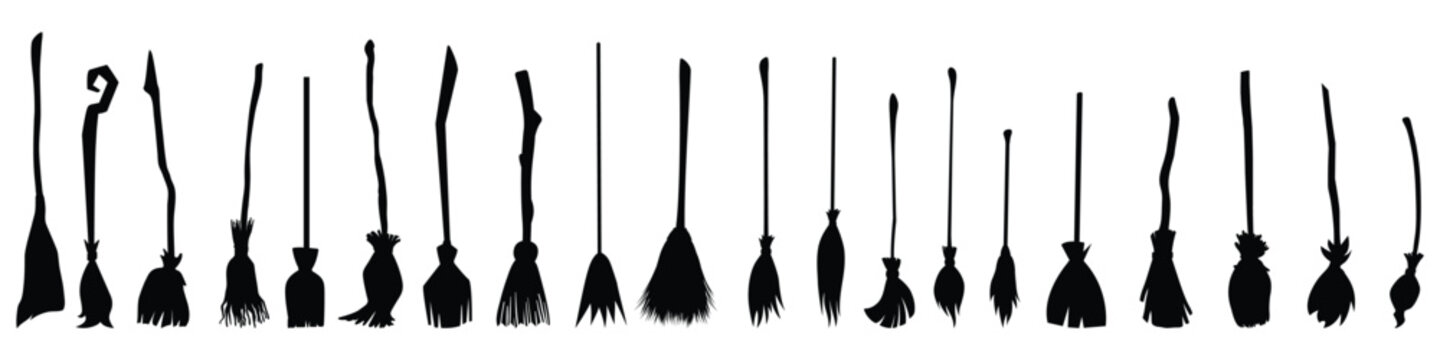Collection of silhouetted witch brooms halloween and magical themed graphics
