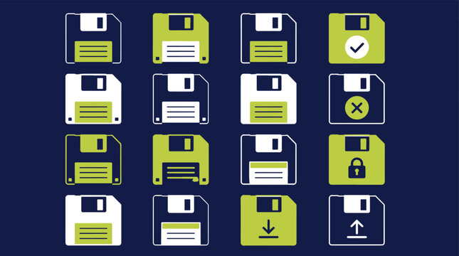 Collection of various floppy disk icons in white and green.