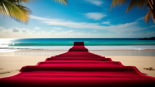 Red Carpet Leading to the Ocean on a Sunny Beach 