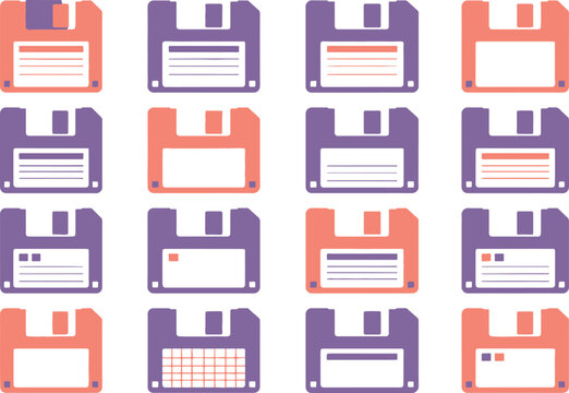 Colorful floppy disk icons in purple and orange.
