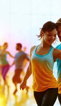 Couple dancing together in bright studio with blurred dance class behind