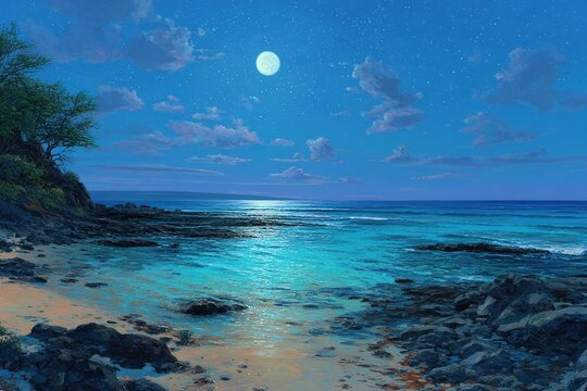 moonlit beach with nesting sea turtles