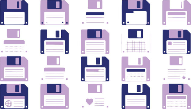 Collection of floppy disks in purple and blue hues.