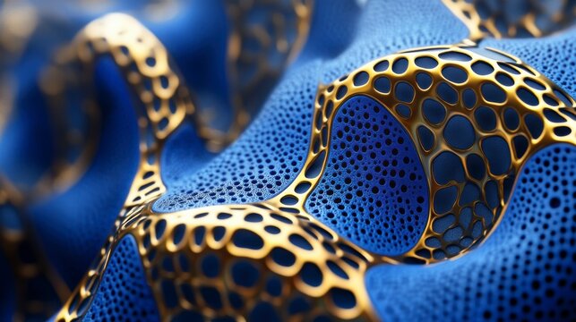 Abstract 3D rendering of blue and gold organic texture.