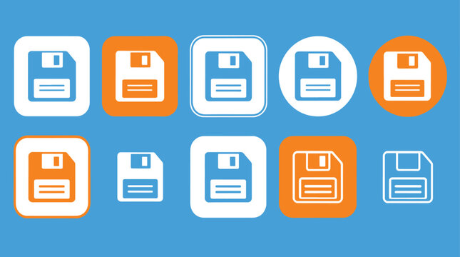 Collection of vintage floppy disk icons in various colors and shapes.