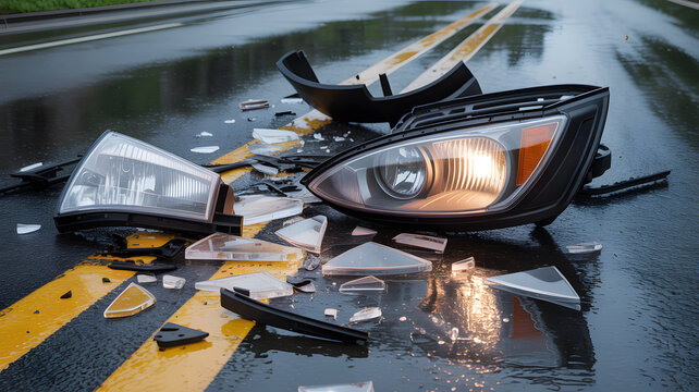 Broken car headlight and glass pieces on wet road surface