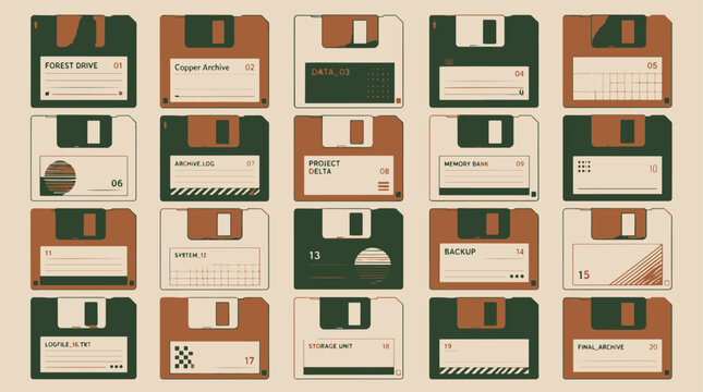 Collection of old floppy disks in various colors and orientations.