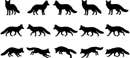 Fototapeta premium Fox silhouette collection featuring standing, walking, and jumping poses, fifteen black vector icons for wildlife nature forest animal design elements. 