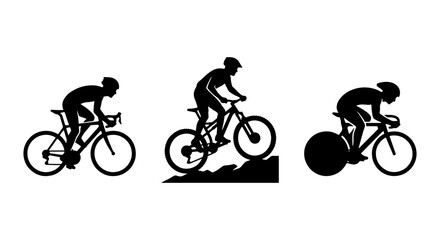 Obraz premium Cycling Evolution Vector Icons: Road Bike, Mountain Bike, Time Trial Cyclist Silhouettes, Sport and Fitness Graphics