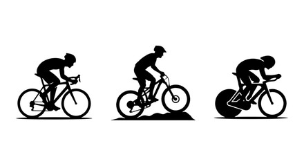 Obraz premium Cycling Silhouettes: Road Bike, Mountain Bike, and Time Trial Rider Vector Set, Dynamic Sport Graphics for Active Lifestyle and Competition