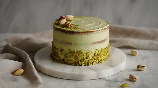 Delicious pistachio and cream cake on white plate with cloth napkin