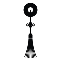 Black silhouette of a traditional chinese jade bi disc pendant with a decorative knot and a hanging fabric tassel, isolated on white © Most Anowara