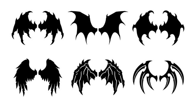 Set of 6 Black Silhouette Wing Icons, Fantasy Angel and Demon Designs, Gothic and Tribal Styles, Vector Graphics for Tattoos and Emblems
