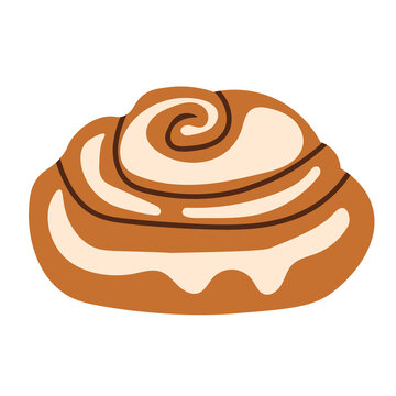 Sweet cinnamon roll bun with sugar glaze topping. Whimsical doodle hand drawn autumn bakery pastry element vector illustration isolated on white background
