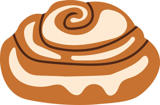 Sweet cinnamon roll bun with sugar glaze topping. Whimsical doodle hand drawn autumn bakery pastry element vector illustration isolated on white background