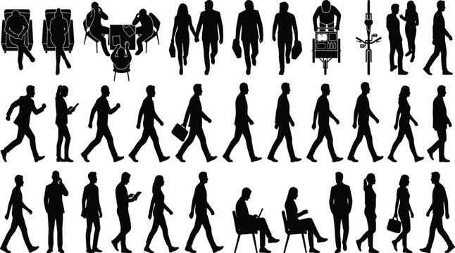 Vector people silhouettes pack with walking standing sitting and top view figures for architectural rendering