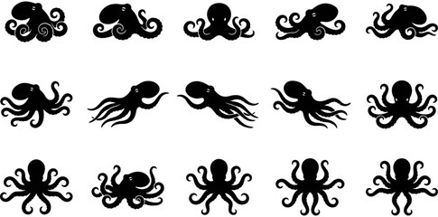 Octopus silhouettes vector set, marine cephalopod icons, black sea creature shapes, aquatic underwater animal designs, nautical graphic design elements collection.  © Ahsan