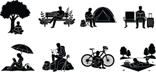 Obraz premium People Reading Outdoors Silhouette Collection with Travel, Camping, Park, and Leisure Activities Vector Set