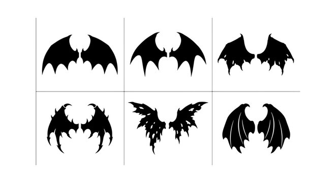 Dark Bat Wings Vector Icons Set, Gothic Angel Wings Silhouettes, Fantasy Creature Emblems, Halloween Devil Wings Graphics, Spooky Wing Shapes Collection